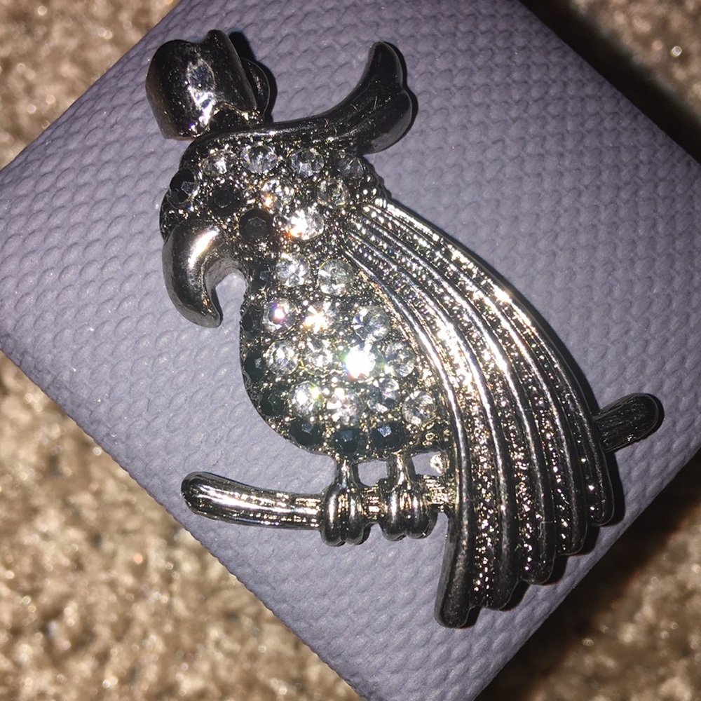 Silver Toned Parakeet w/ Black & Clear Rhinestones pendant